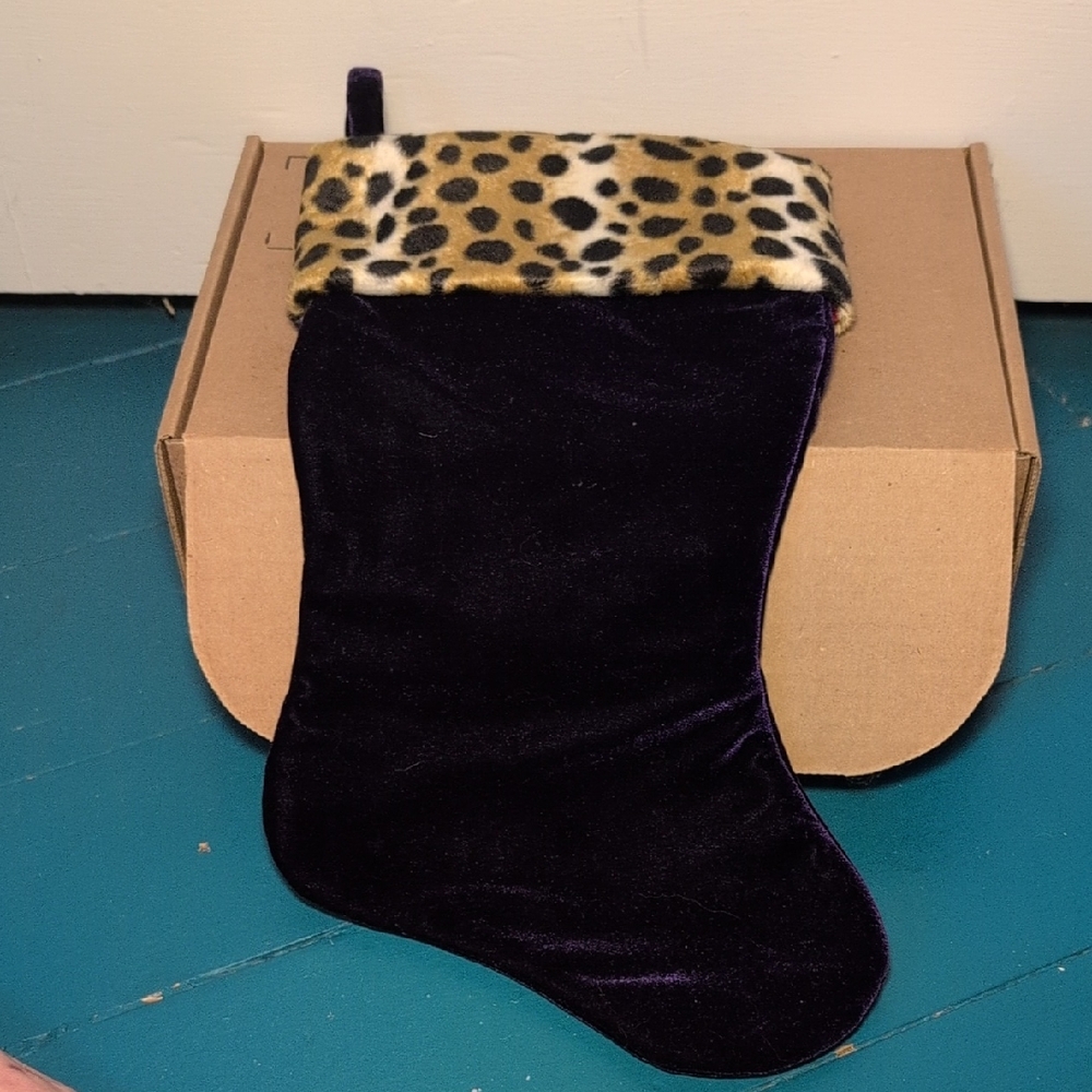 Leopard Print Trim Black Velvet Stocking